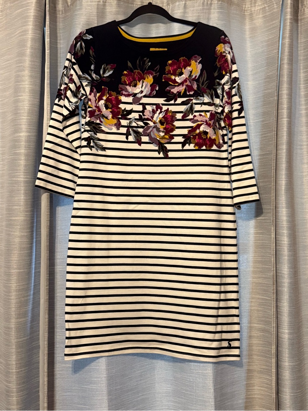Joules Shift Dress Women's Black Stripe Floral Print Boat Neck‎ 3/4 Sleeve Sz 8